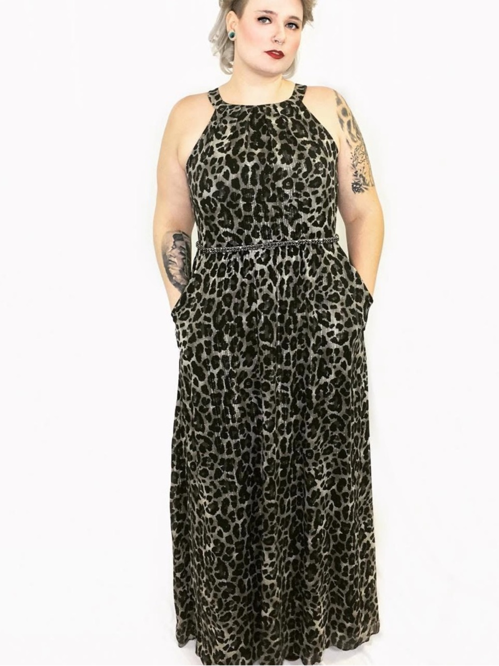 Shimmering Leopard Print Maxi Dress with Pockets